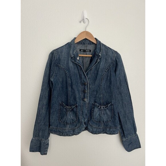 VTG Y2K DKNY JEANS Ruffle Pocket Denim Jacket Button-Up Mouse Coquette Western L - Picture 1 of 10